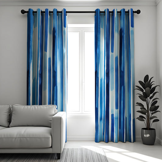 Blue Watercolor Striped Curtains, Abstract Vertical Blue Stripe