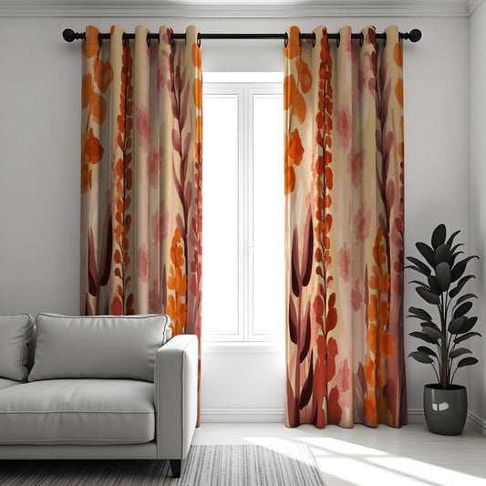 Floral Abstract Curtains, Warm Orange and Pink Bloom Drapes