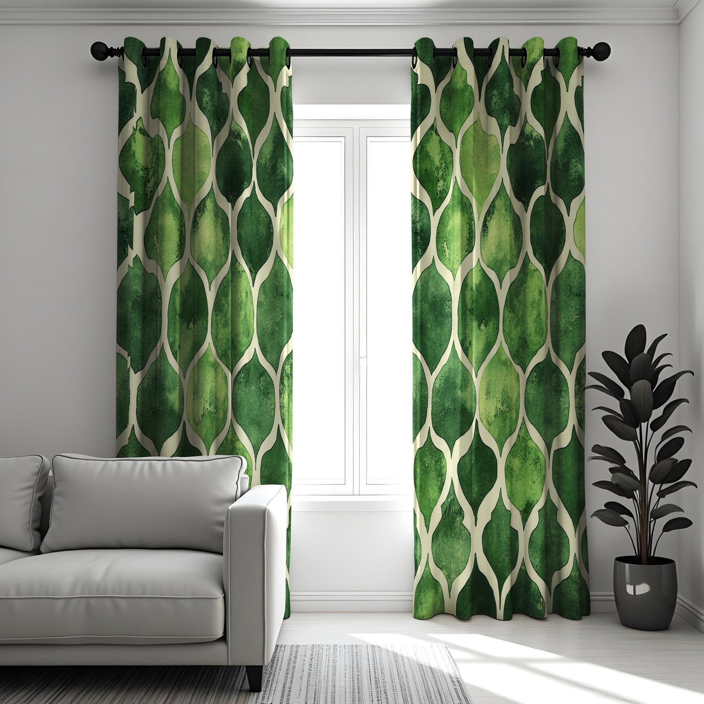 Green Geometric Curtains, Modern Moroccan Trellis Drapes