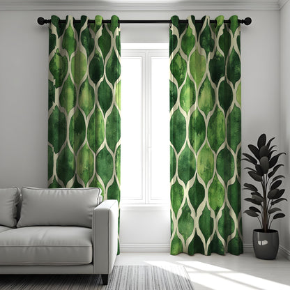 Green Geometric Curtains, Modern Moroccan Trellis Drapes