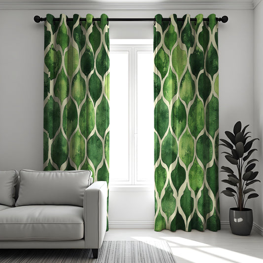 Green Geometric Curtains, Modern Moroccan Trellis Drapes