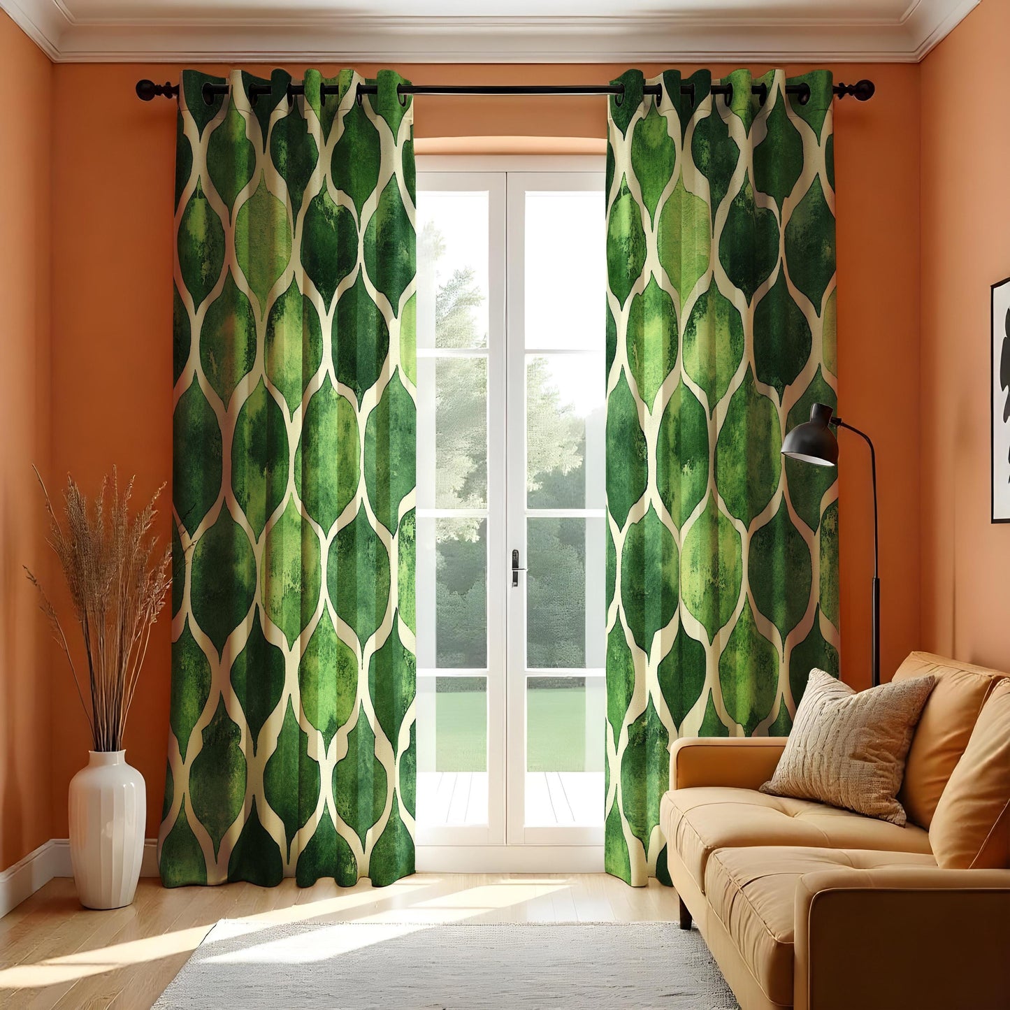 Green Geometric Curtains, Modern Moroccan Trellis Drapes