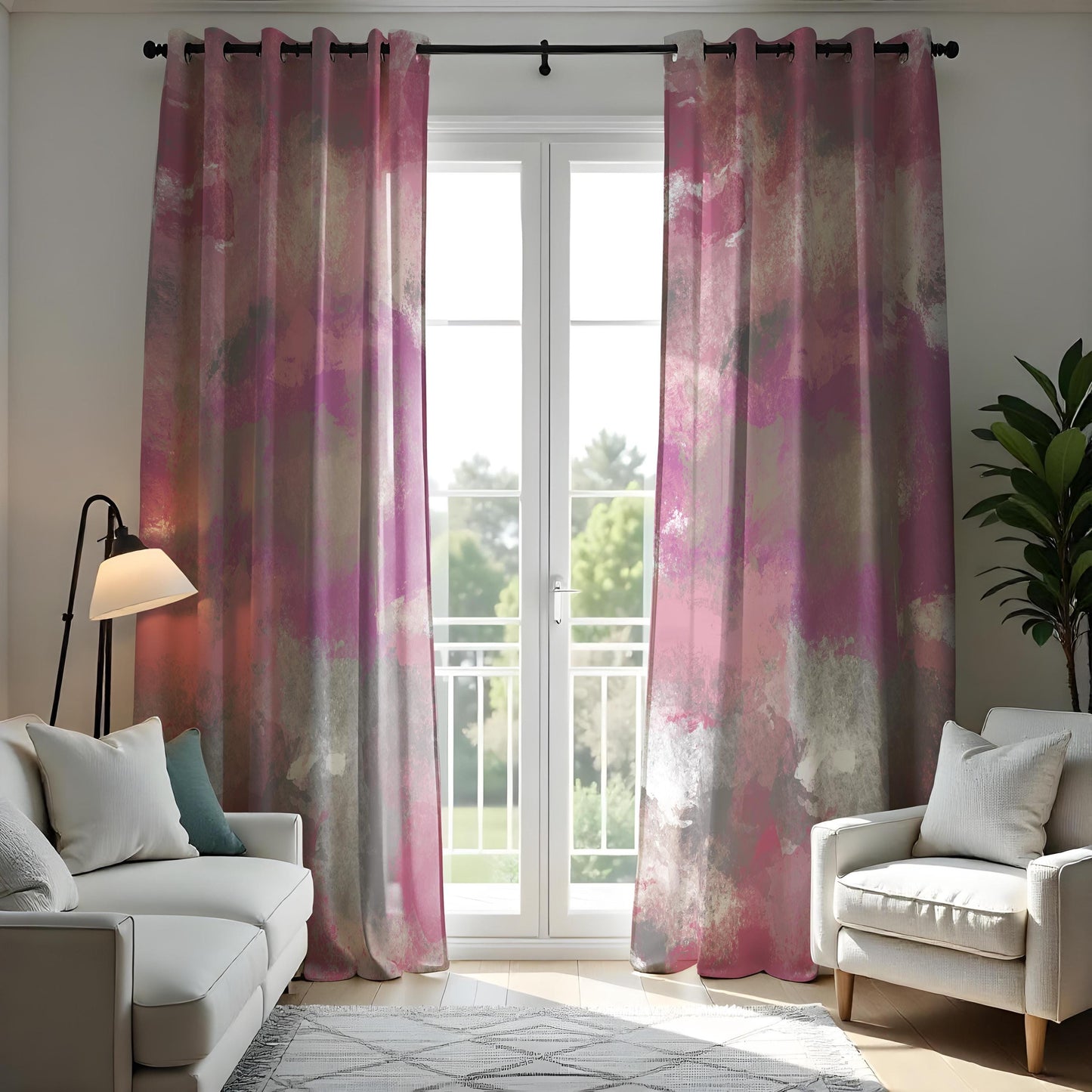 Pink & Gray Abstract Watercolor Curtains, Modern Window Treatment
