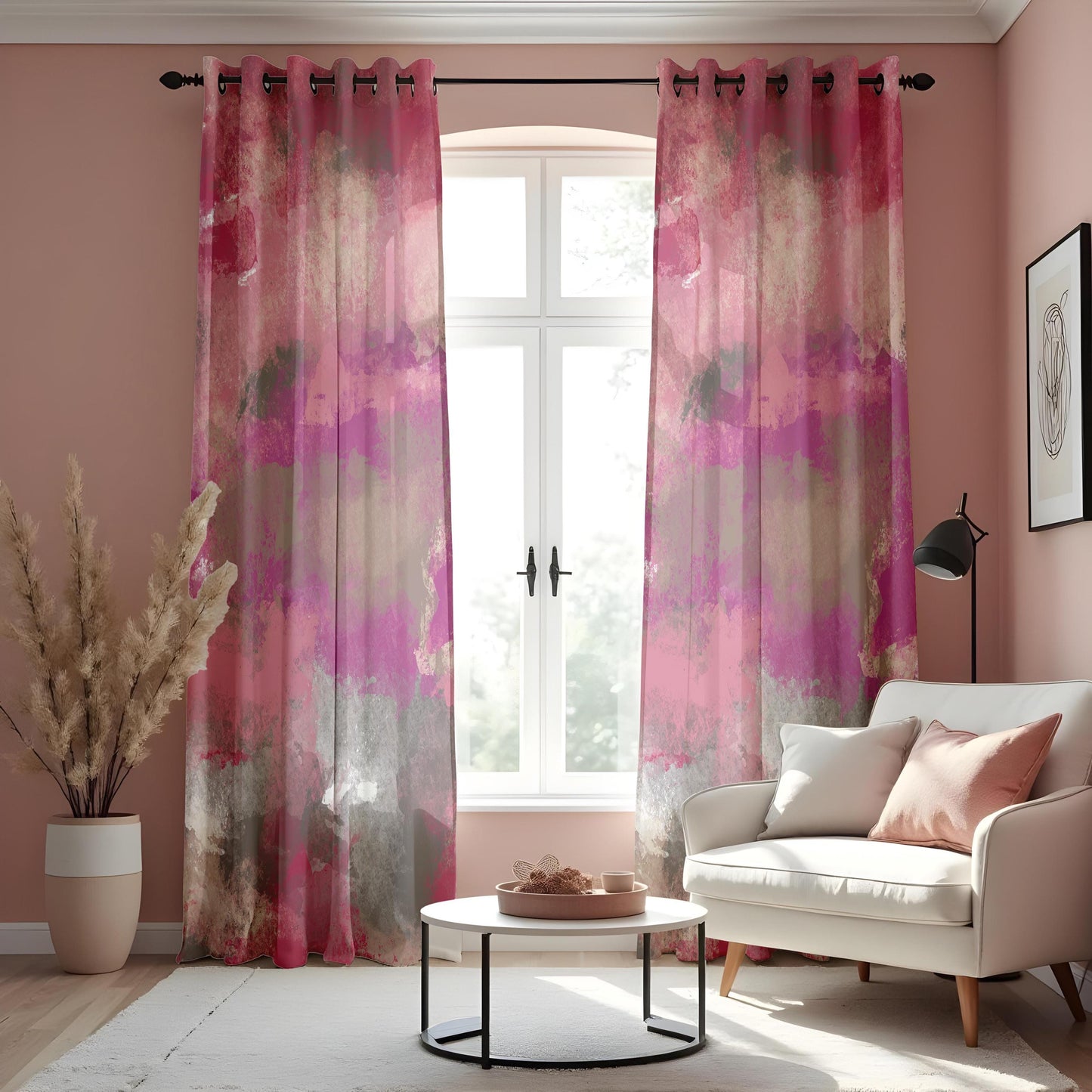 Pink & Gray Abstract Watercolor Curtains, Modern Window Treatment