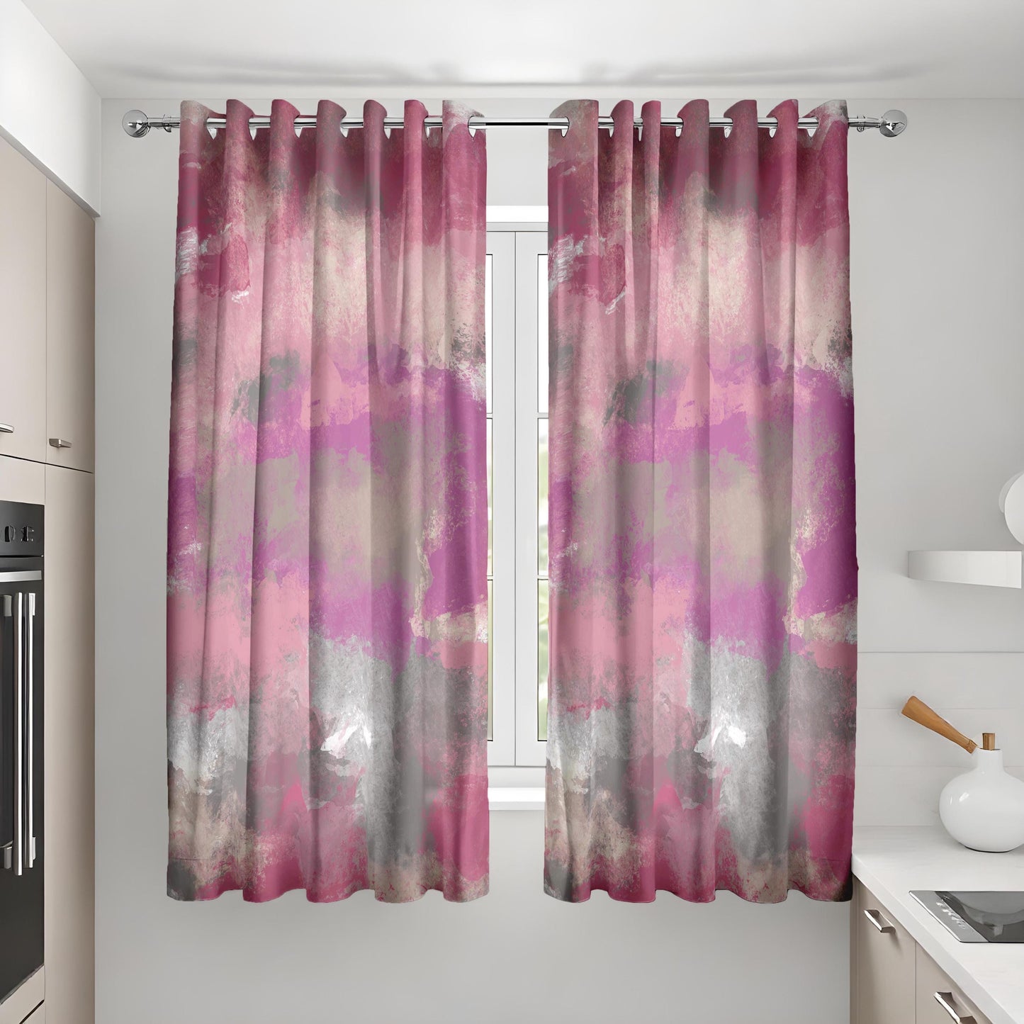 Pink & Gray Abstract Watercolor Curtains, Modern Window Treatment