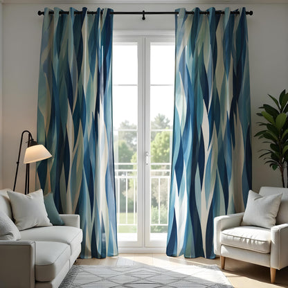 Abstract Blue Wave Curtains, Modern Watercolor Geometric Drapes