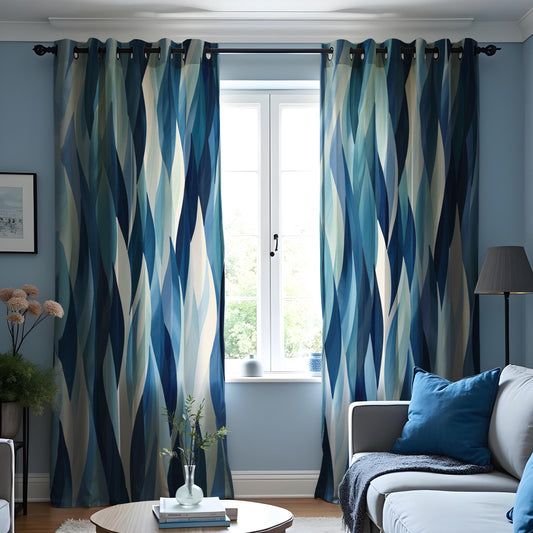 Abstract Blue Wave Curtains, Modern Watercolor Geometric Drapes