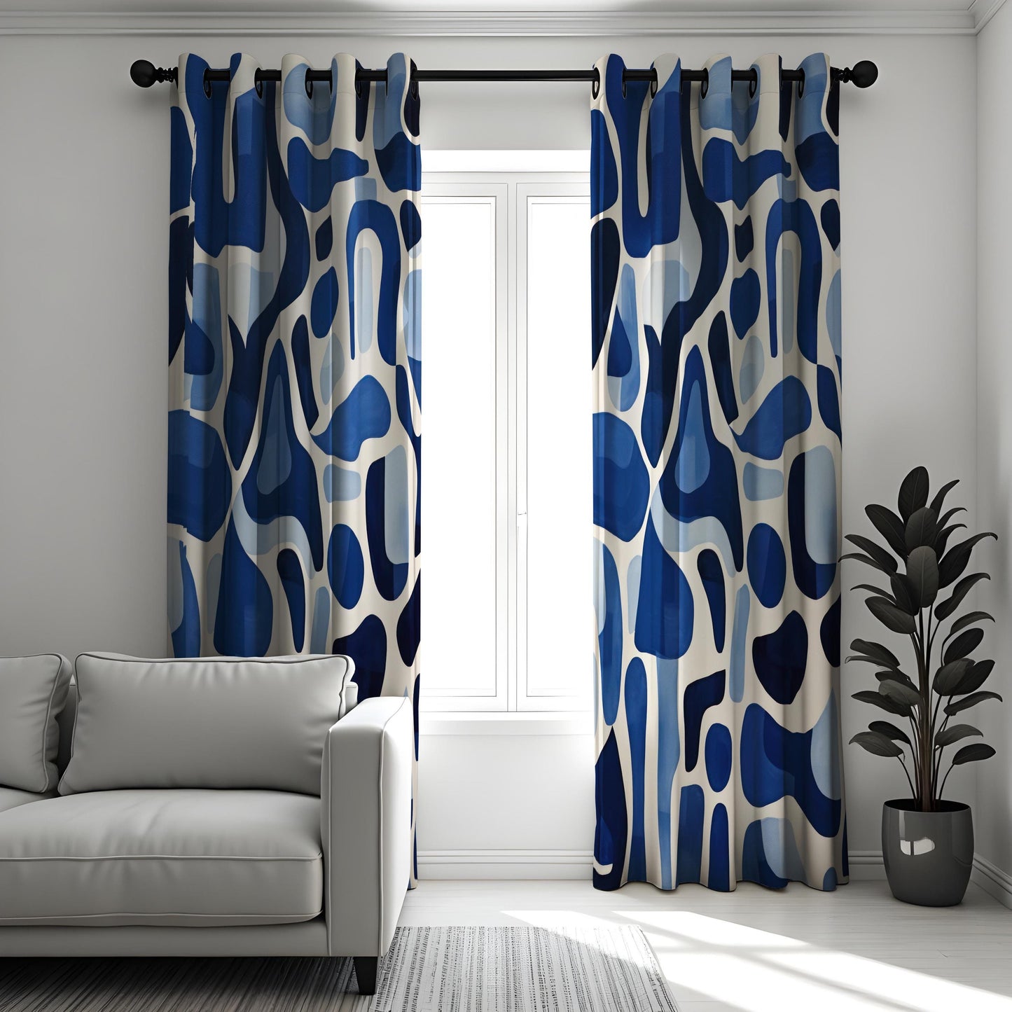 Abstract Blue Curtains, Modern Art Drapes, Bold Geometric Design