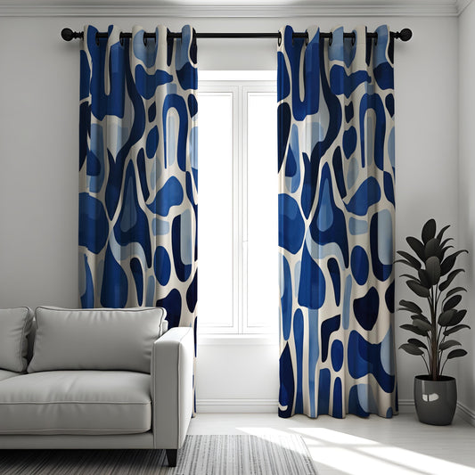 Abstract Blue Curtains, Modern Art Drapes, Bold Geometric Design
