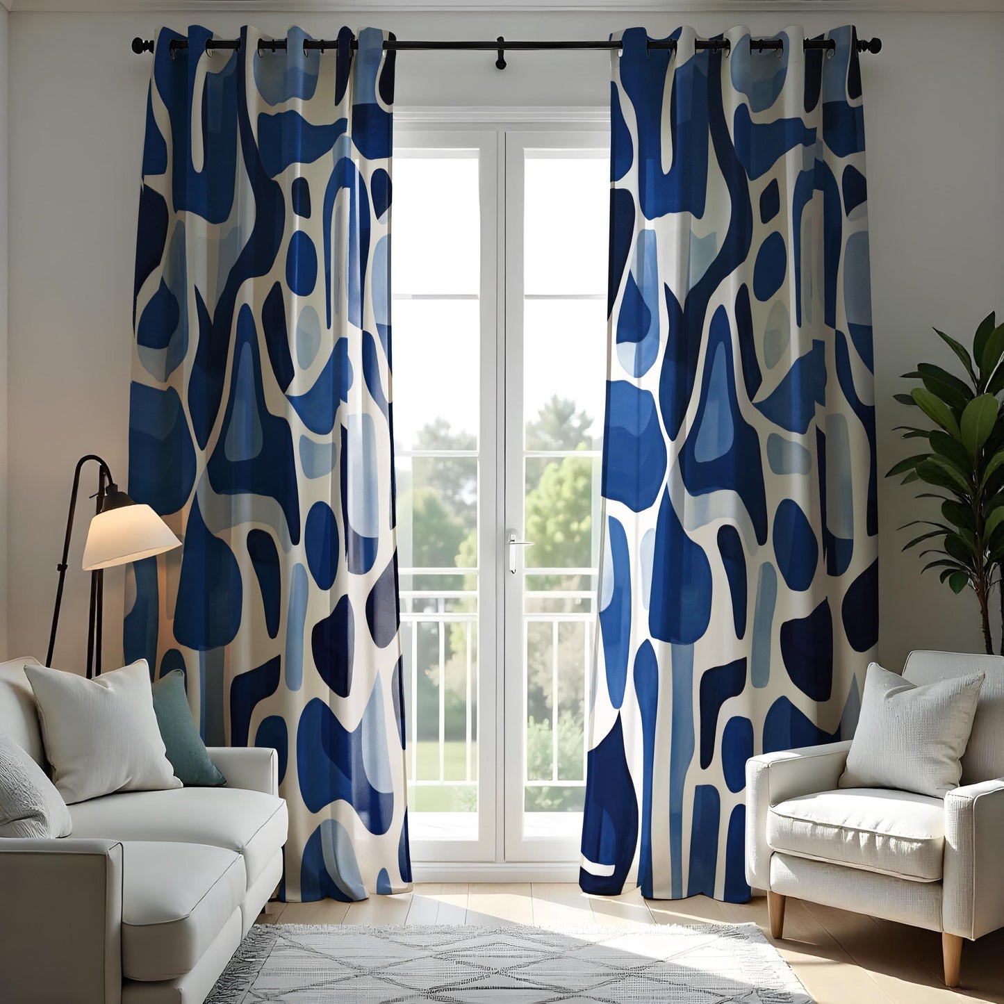 Abstract Blue Curtains, Modern Art Drapes, Bold Geometric Design