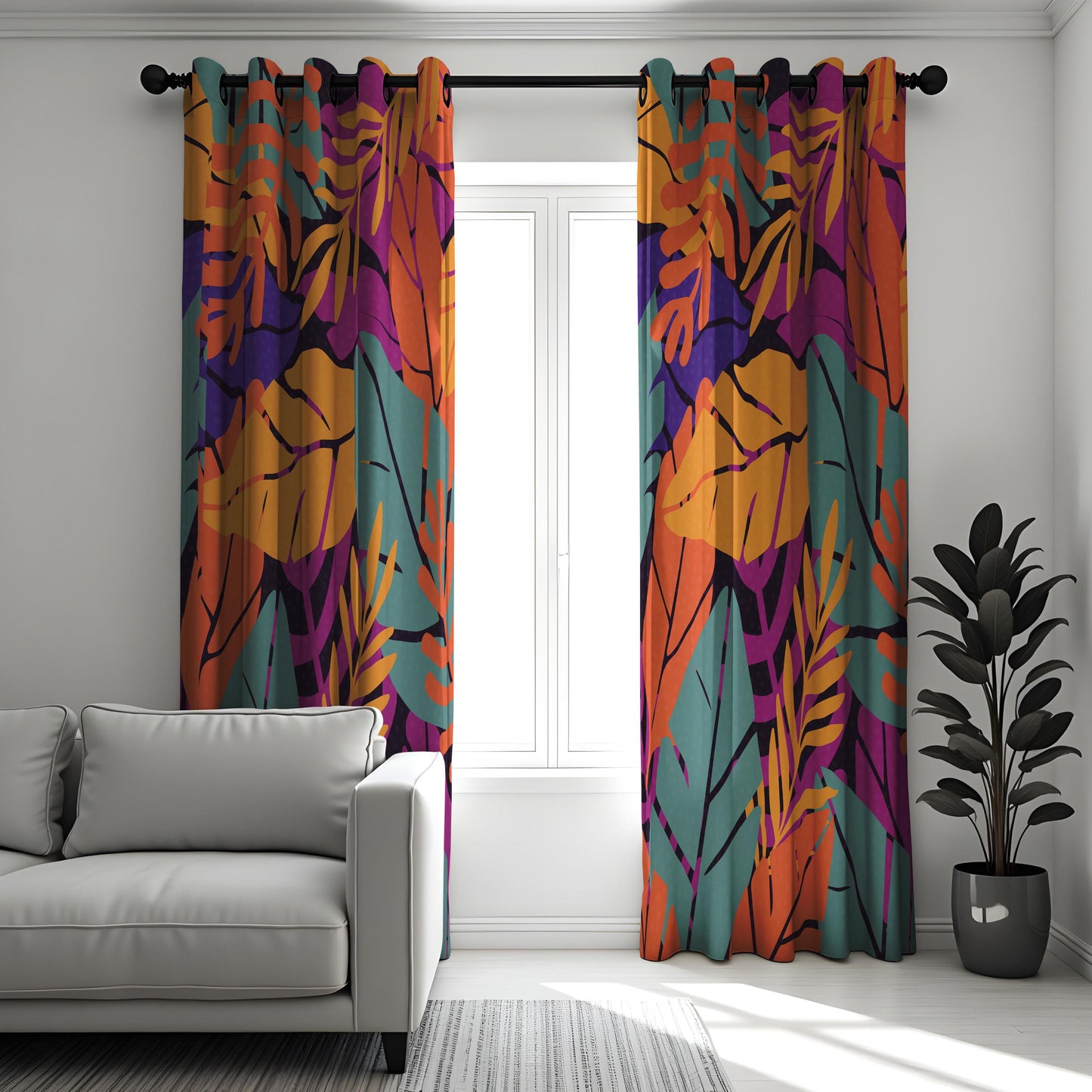 Bold Tropical Print Curtains, Abstract Colorful Leaves Drapes