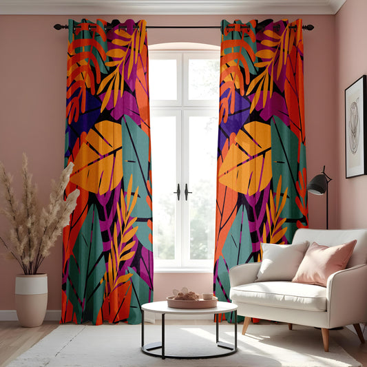 Bold Tropical Print Curtains, Abstract Colorful Leaves Drapes