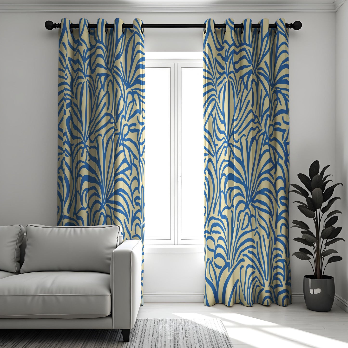 Blue Beige Tropical Leaf Curtains, Bold Botanical Flower Drapes