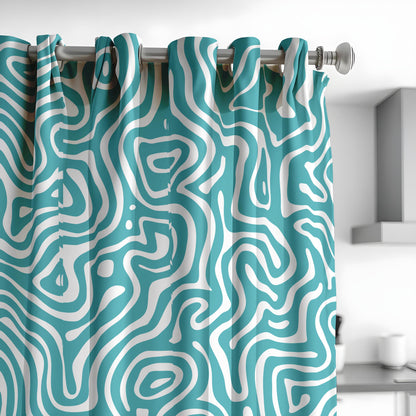 Abstract Wave Design Curtains, Modern Geometric Drapes, Teal & White
