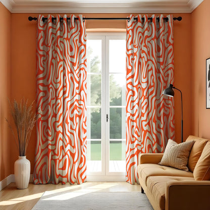 Abstract Orange & White Swirl Curtains, Modern Retro Style Drapes