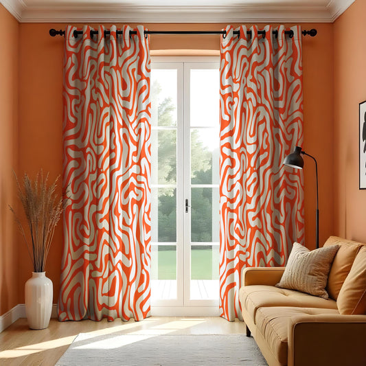 Abstract Orange & White Swirl Curtains, Modern Retro Style Drapes