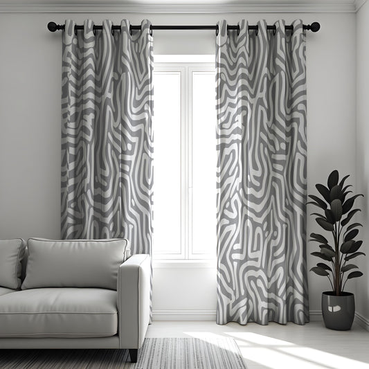 Abstract Maze Print Grey & White Curtains, Modern Geometric Window