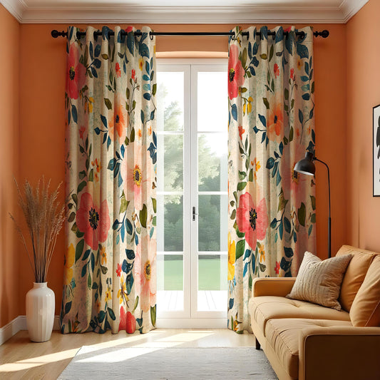 Vibrant Red and Yellow Floral Curtains, Boho Chic Window Treatment