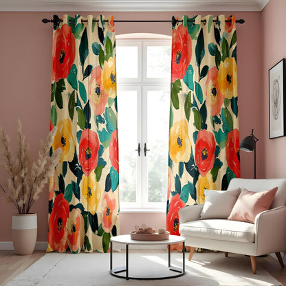Floral Print Curtains, Vibrant Red & Yellow Poppies with Green Leaves