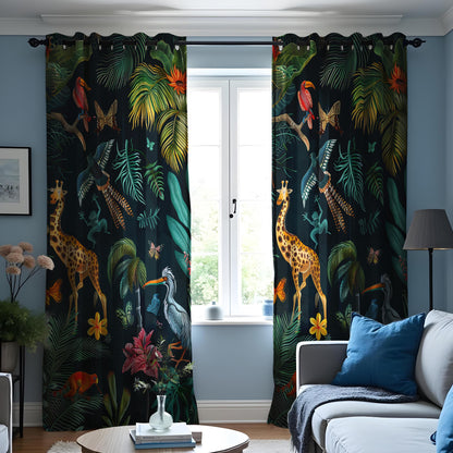 Tropical Wildlife Curtains, Exotic Animals & Plants Print Drapes