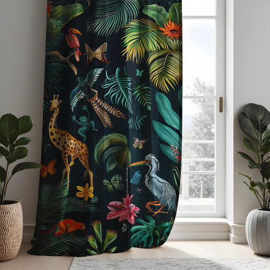 Tropical Wildlife Curtains, Exotic Animals & Plants Print Drapes