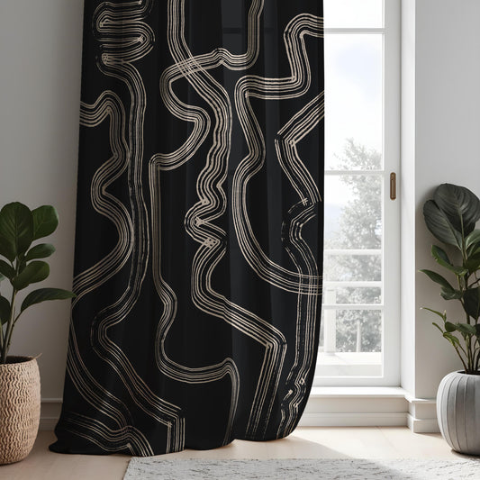 Abstract Black & Beige Line Curtains, Modern Geometric Drapes
