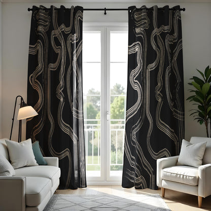 Abstract Black & Beige Line Curtains, Modern Geometric Drapes