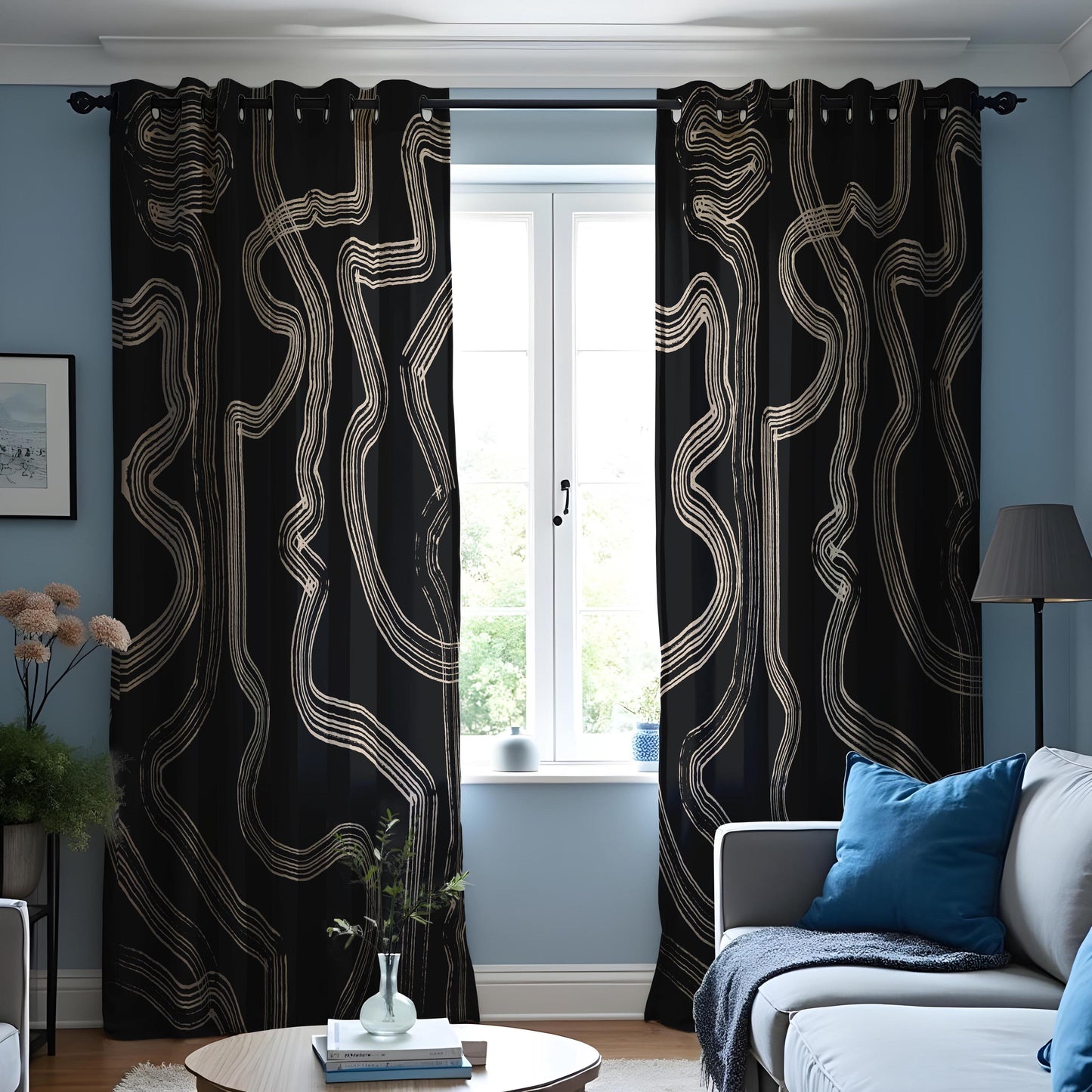 Abstract Black & Beige Line Curtains, Modern Geometric Drapes