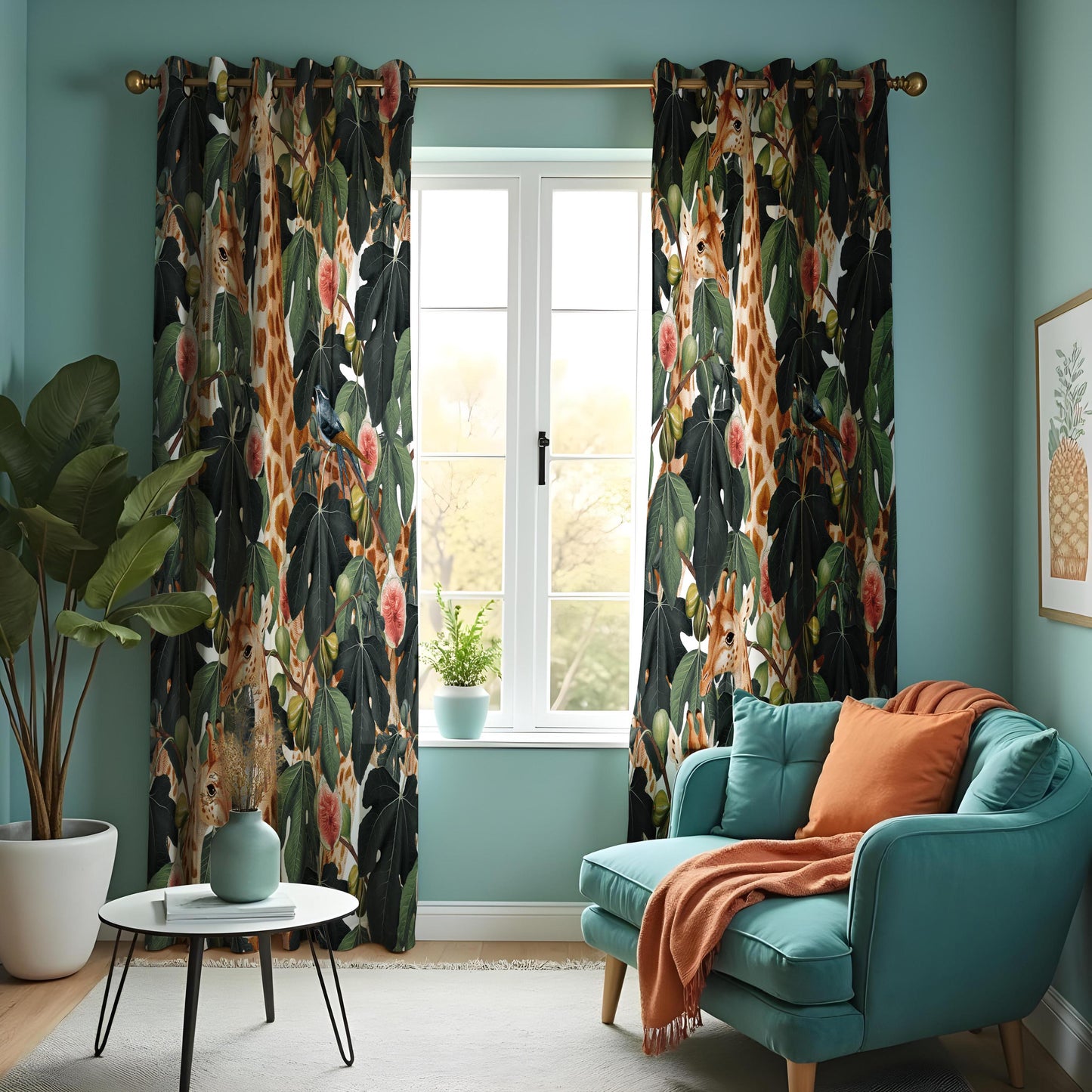 Tropical Jungle Giraffes Curtains, Floral and Foliage Safari Drapes