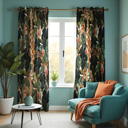 Tropical Jungle Giraffes Curtains, Floral and Foliage Safari Drapes