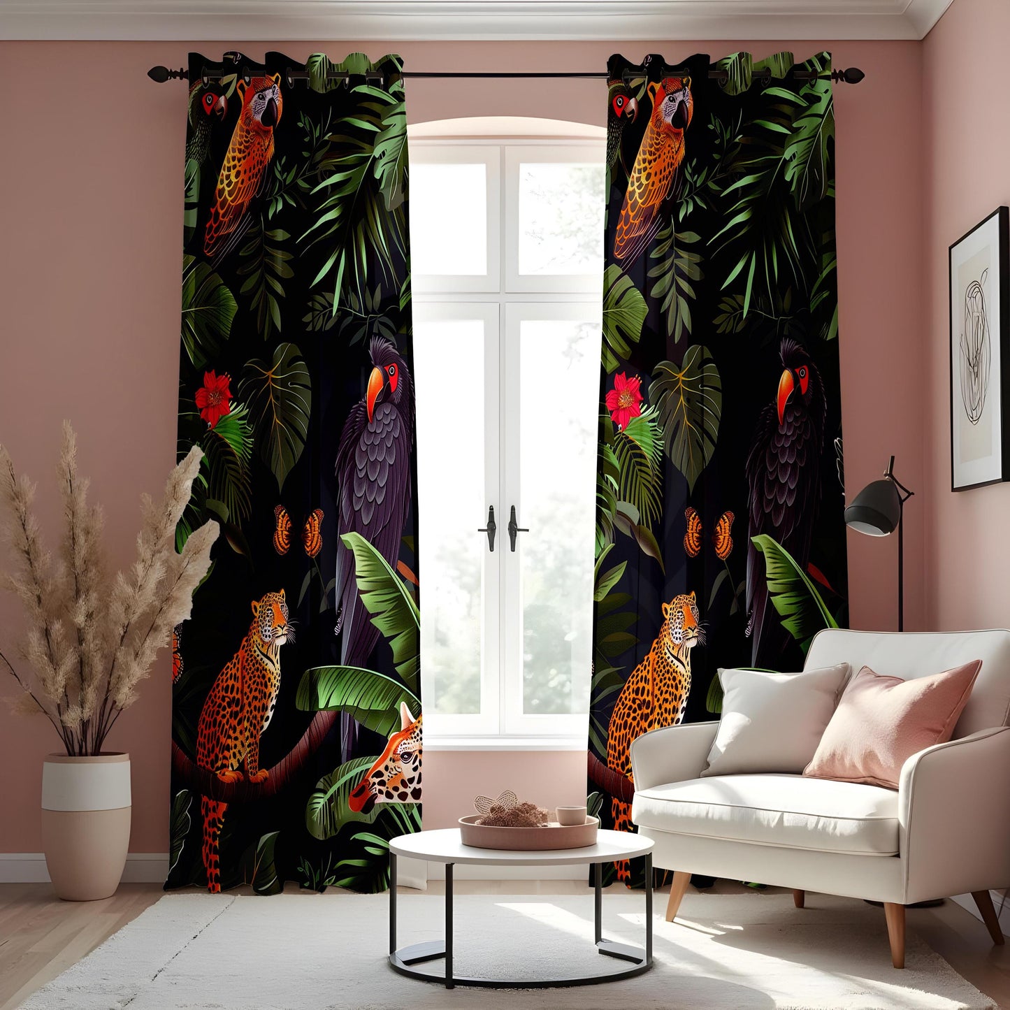 Exotic Jungle Print Curtains, Tropical Animals & Birds Drapes