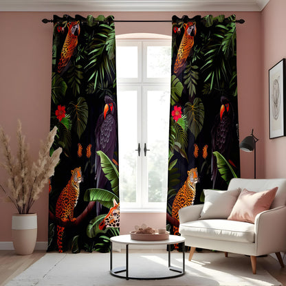 Exotic Jungle Print Curtains, Tropical Animals & Birds Drapes