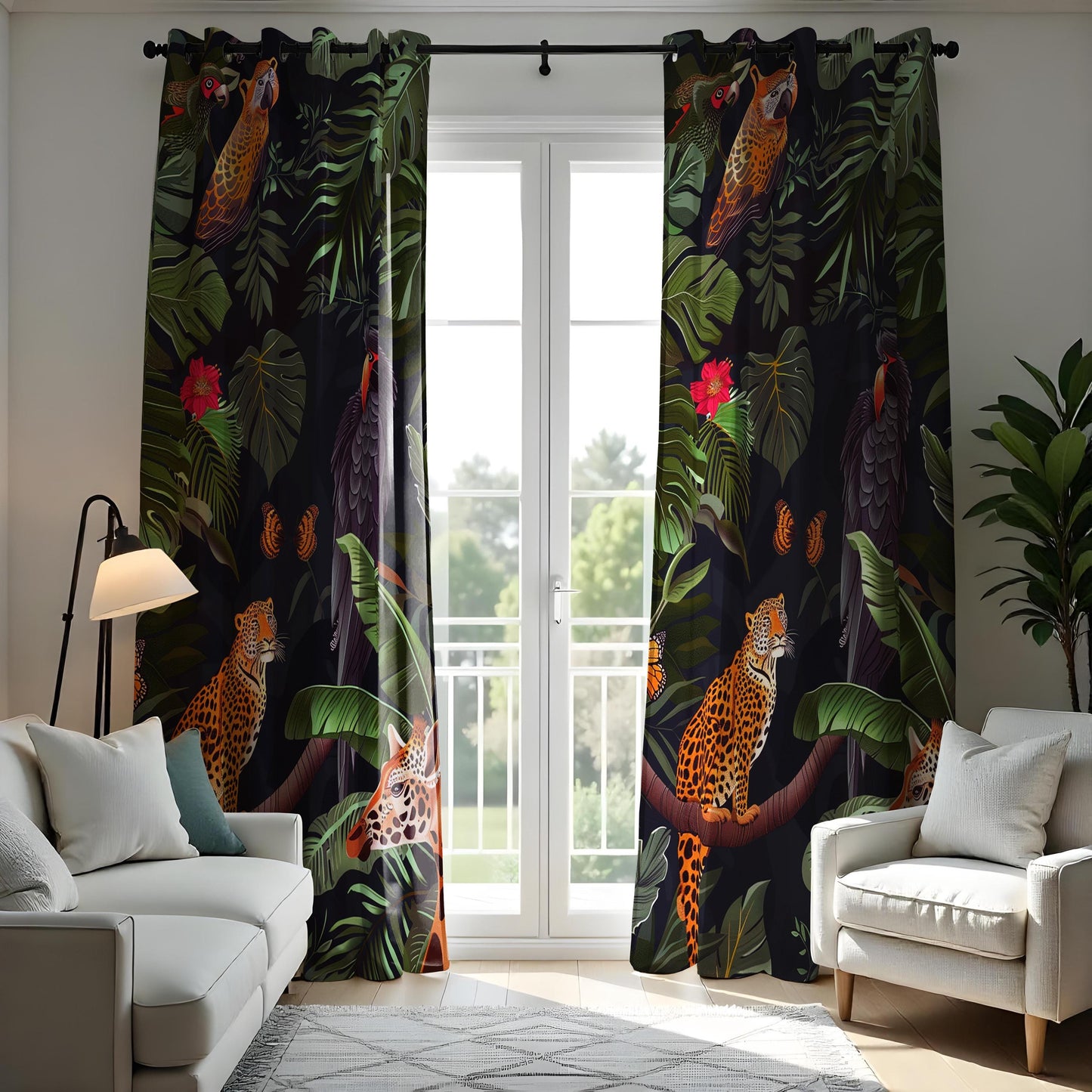 Exotic Jungle Print Curtains, Tropical Animals & Birds Drapes