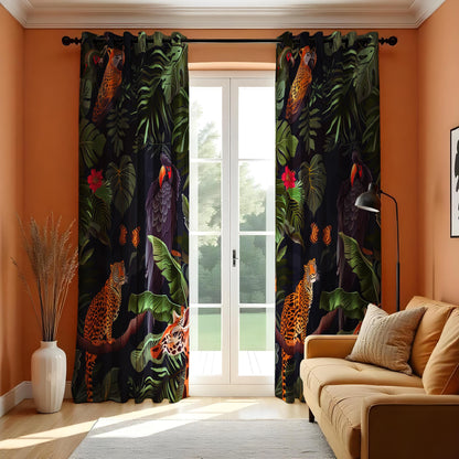 Exotic Jungle Print Curtains, Tropical Animals & Birds Drapes
