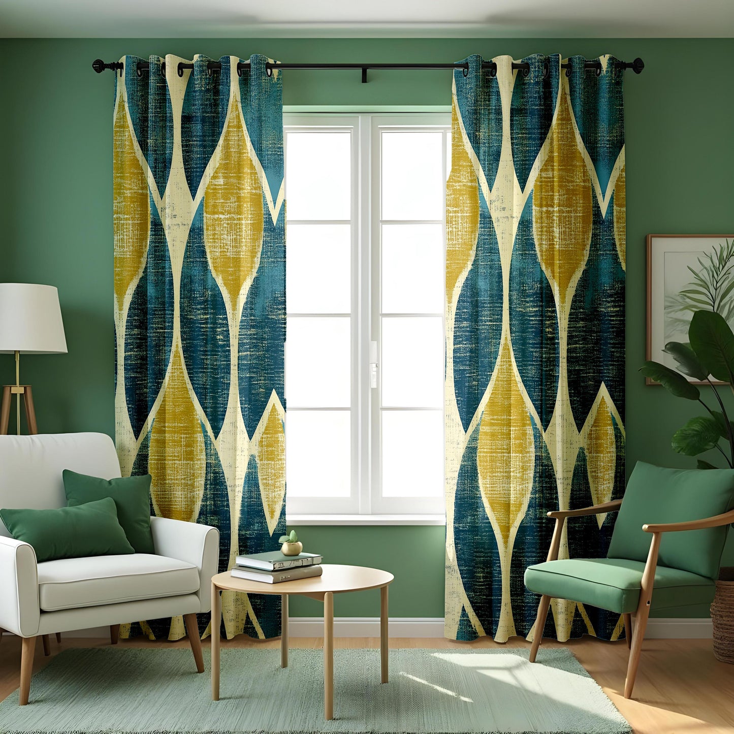 Geometric Blue and Yellow Curtains, Abstract Modern Pattern Drapes