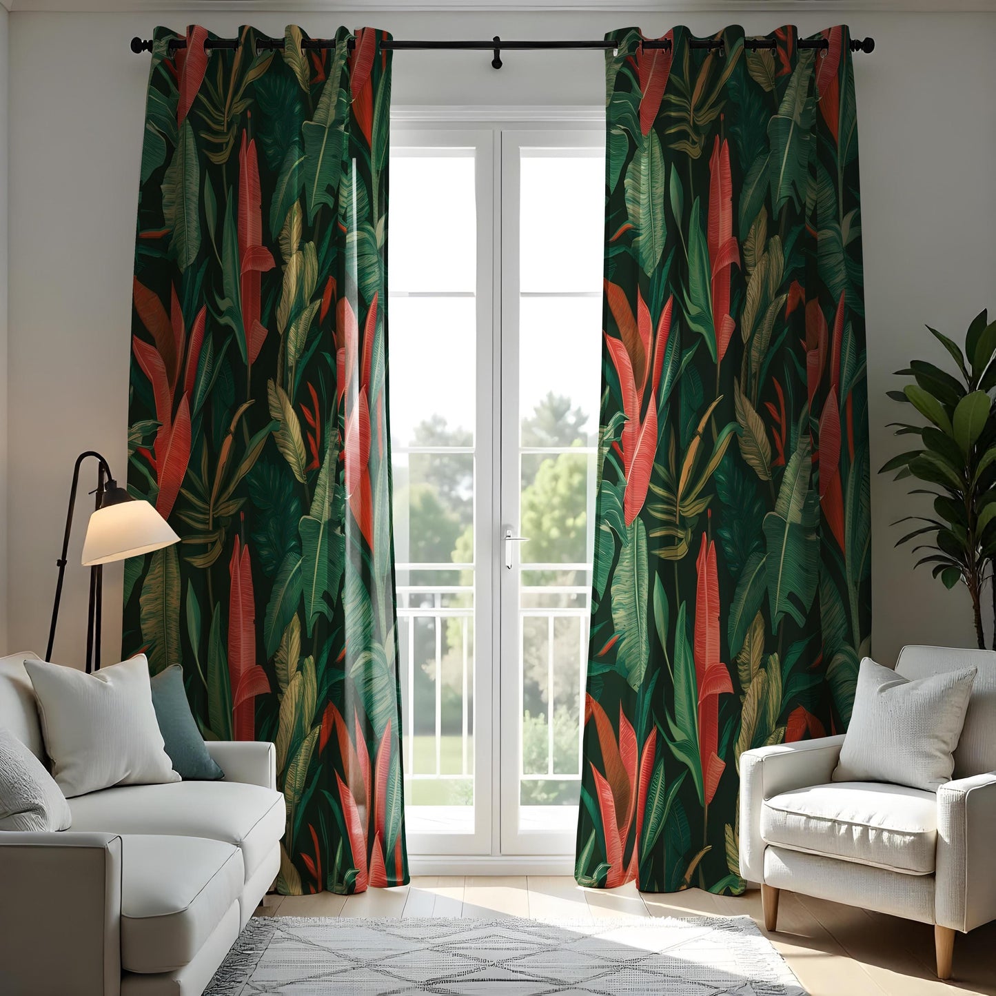 Tropical Jungle Curtains, Bold Red & Green Banana Leaf Drapes