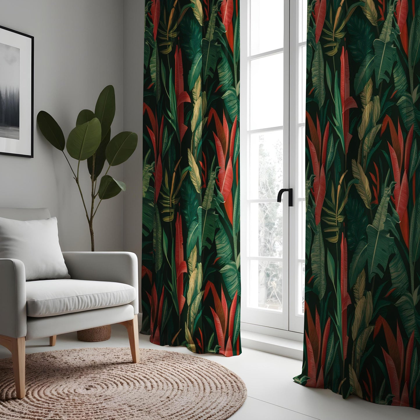 Tropical Jungle Curtains, Bold Red & Green Banana Leaf Drapes
