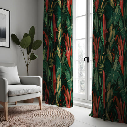 Tropical Jungle Curtains, Bold Red & Green Banana Leaf Drapes