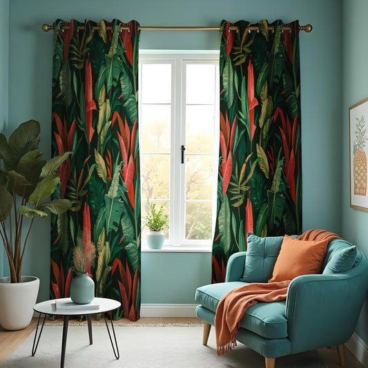 Tropical Jungle Curtains, Bold Red & Green Banana Leaf Drapes