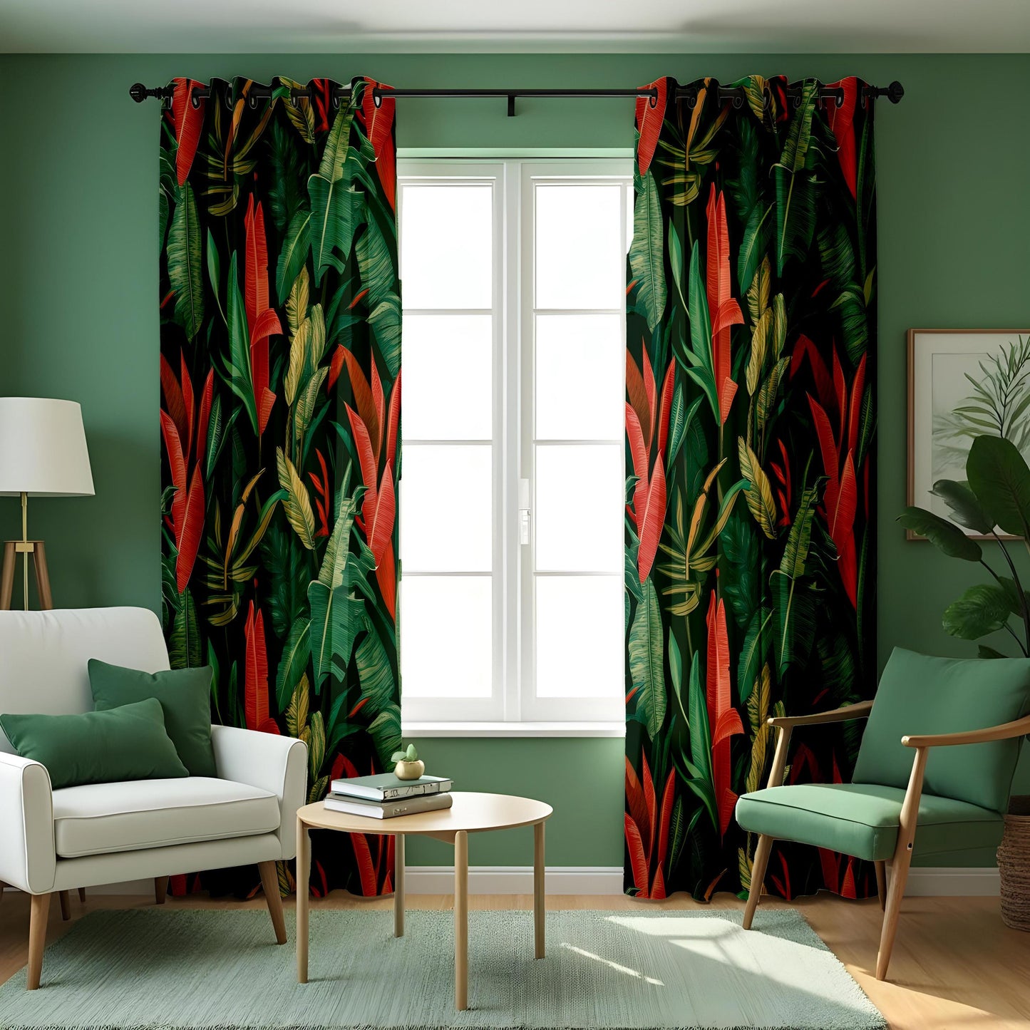 Tropical Jungle Curtains, Bold Red & Green Banana Leaf Drapes