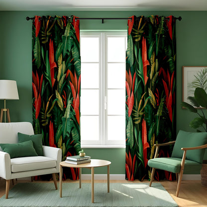 Tropical Jungle Curtains, Bold Red & Green Banana Leaf Drapes