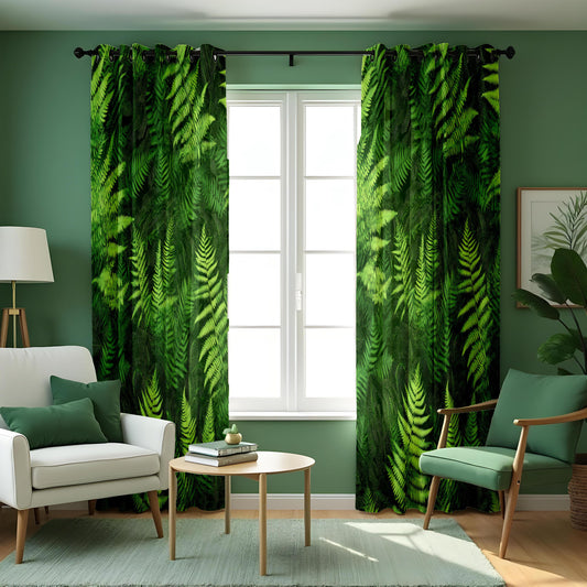 Green Fern Leaf Pattern Curtains, Botanical Nature Inspired Drapes