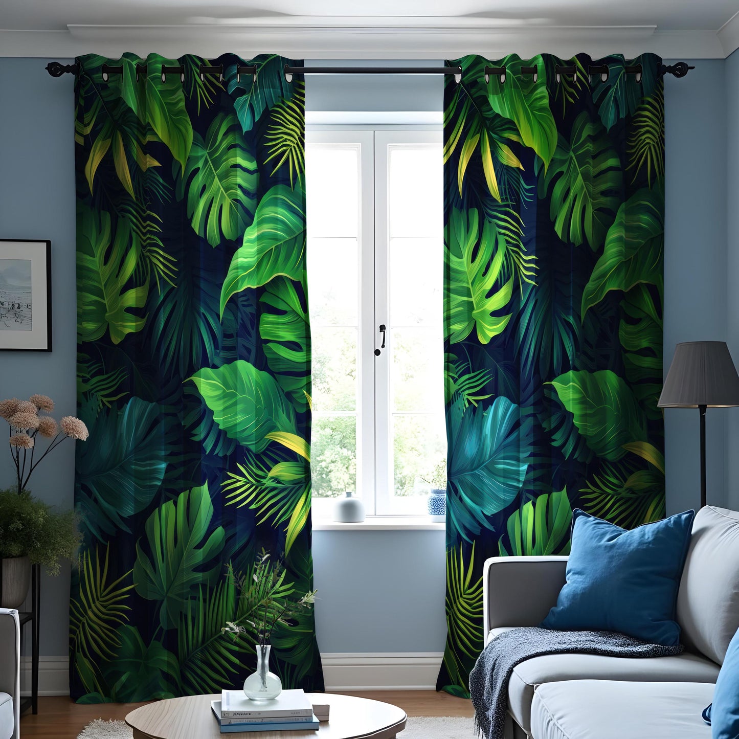 Tropical Leaf & Lush Green Curtains, Monstera and Fern Print Drapes