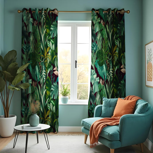 Tropical Fern & Leaf Print Curtains, Lush Greenery Drapes