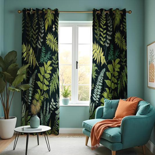Fern Print Curtain, Green Leafy Drape, Tropical Plant Window