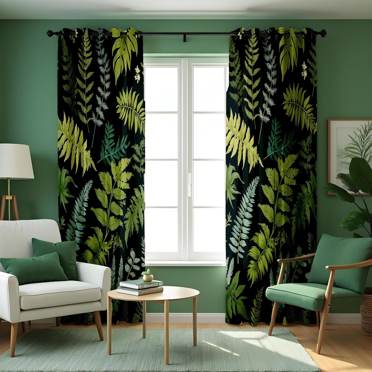 Fern Print Curtain, Green Leafy Drape, Tropical Plant Window