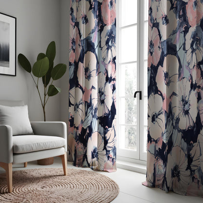 Watercolor Floral Curtains, Pink & Navy Blue Window Drapes