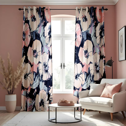 Watercolor Floral Curtains, Pink & Navy Blue Window Drapes