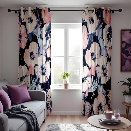 Watercolor Floral Curtains, Pink & Navy Blue Window Drapes