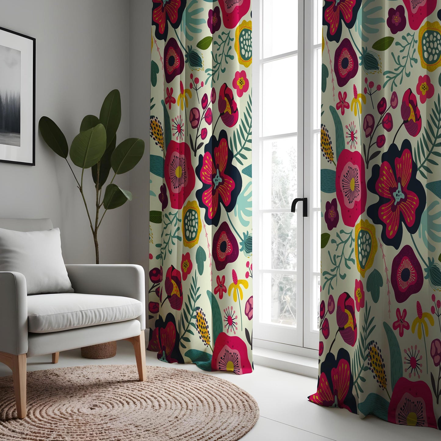 Bold Floral Curtains, Vibrant Pink & Navy Botanical Print Drapes